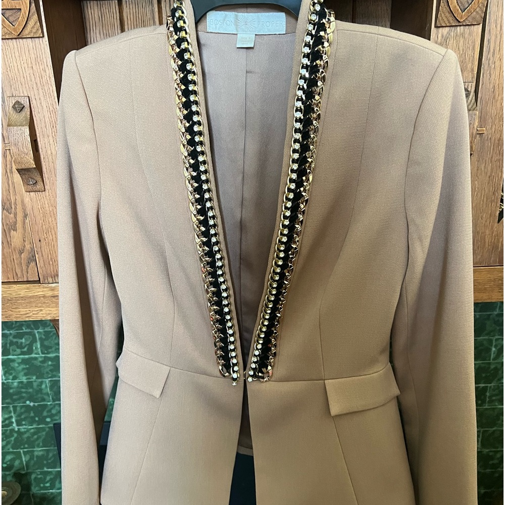 Boston Proper Camel Blazer with Black & Gold Trim